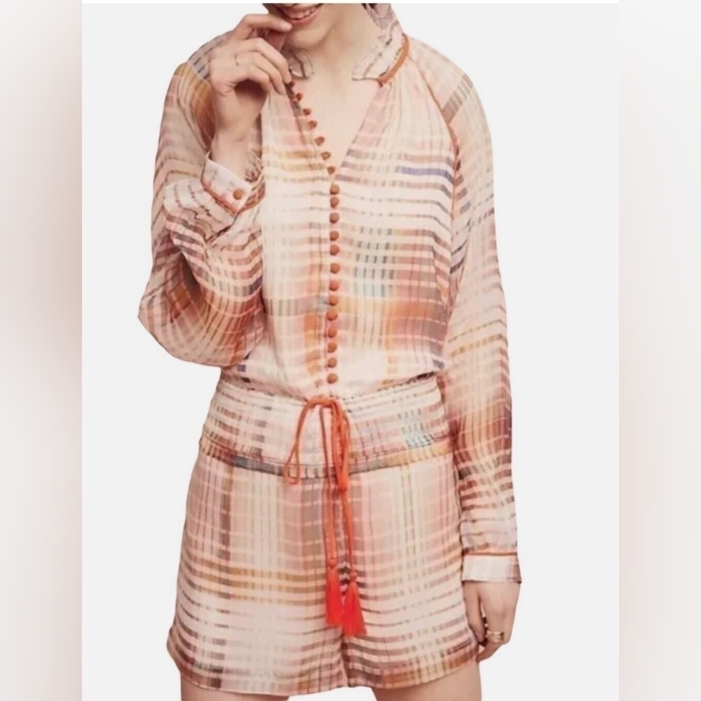 Anthropologie Adelyn Rae Grid Graphic Romper Ruffle Lined Size Small